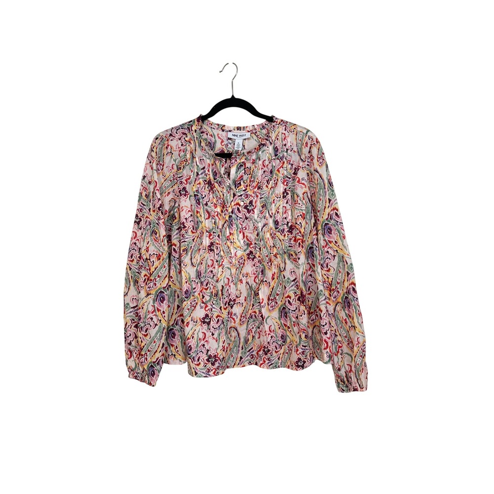 Nine West Jeans Womens Pink Paisley Ikat Pintuck Blouse Cotton XL DNWW3128 NWT